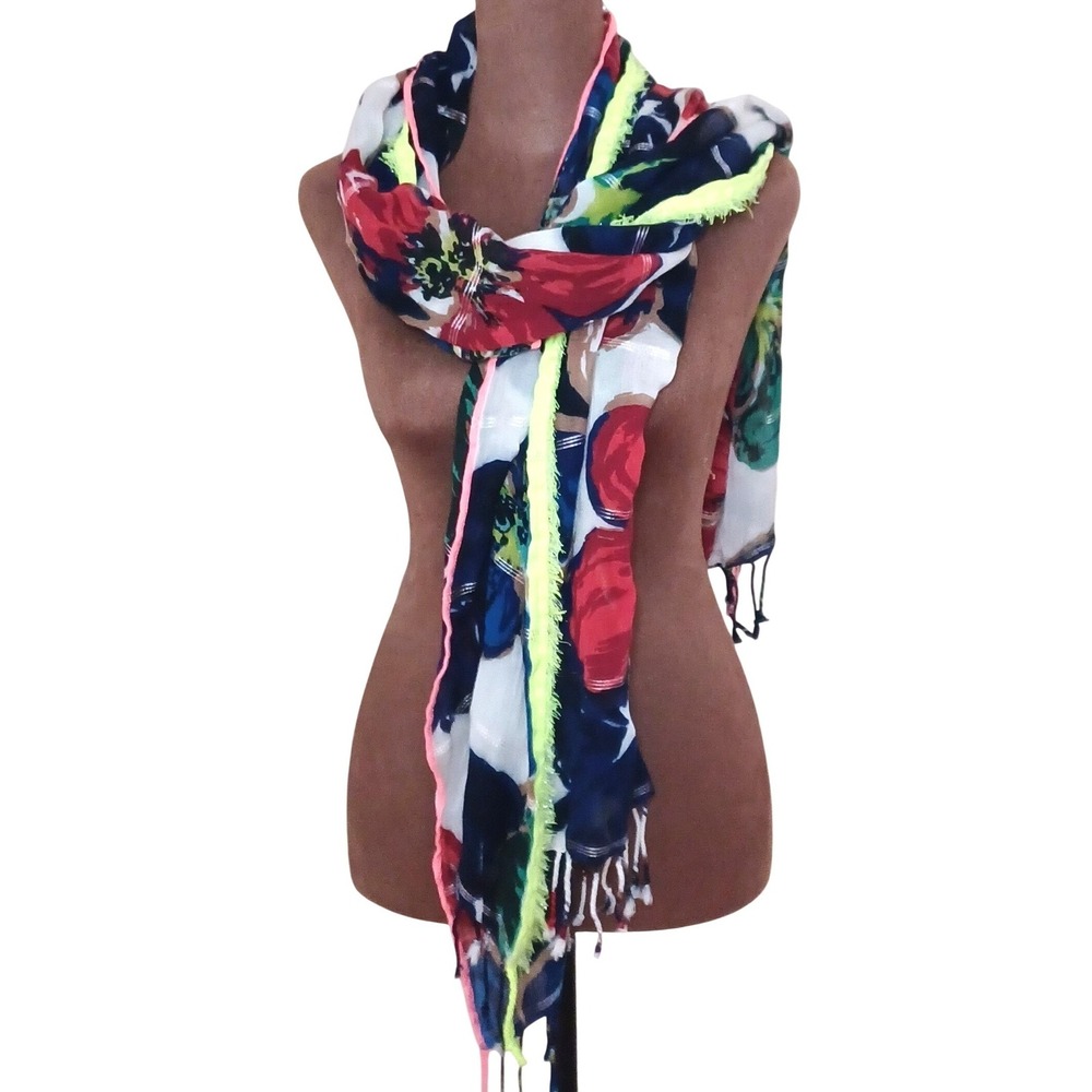 Boho Floral Kimono Shawl Neon Trim Tassel Tropical Festival Beach Cover Up Wrap